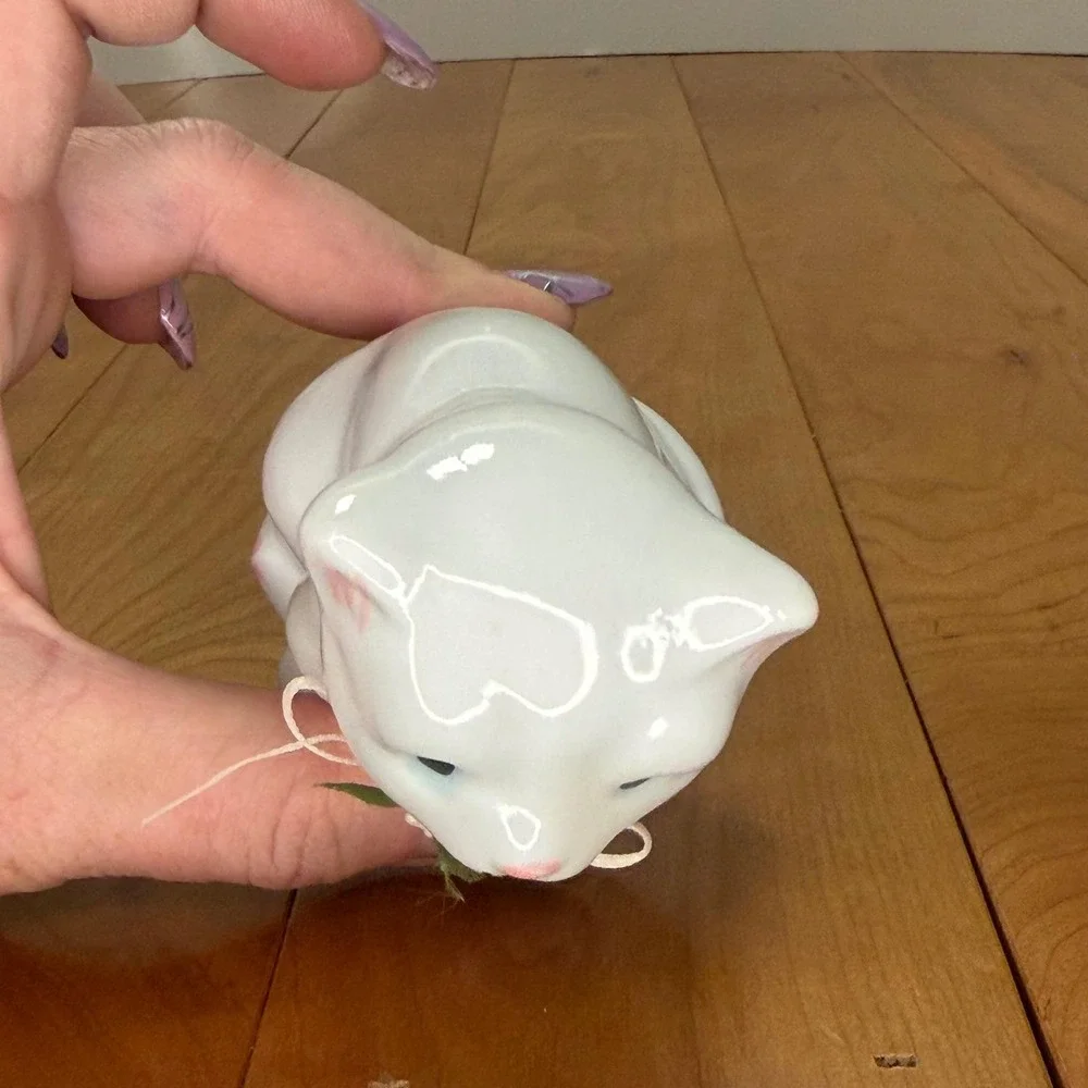 Shiah Yih ROC White Porcelain Cat Figurine with Rosette and Bow Vintage Style